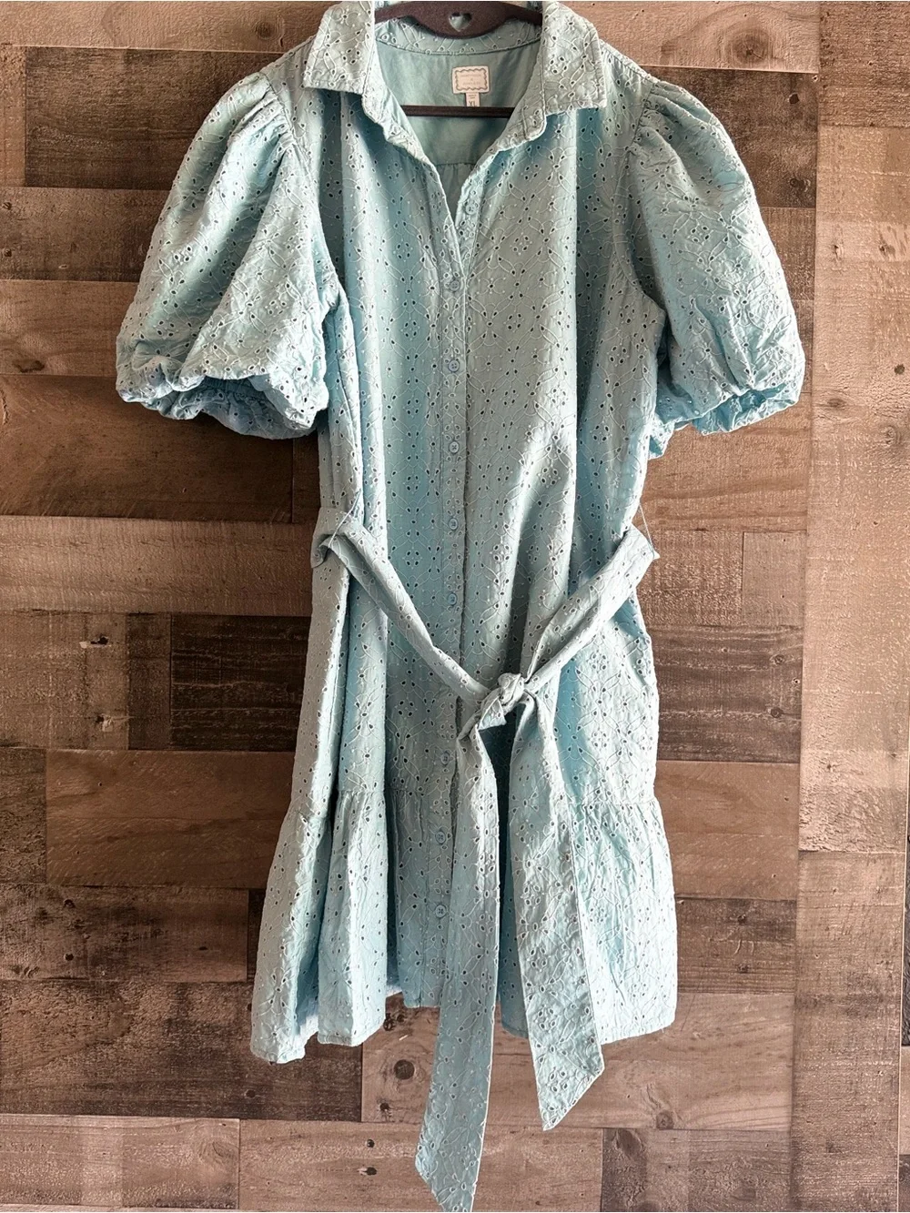 Light Blue Eyelet Shirt Mini Dress with Tie Waist - Picture 2 of 12